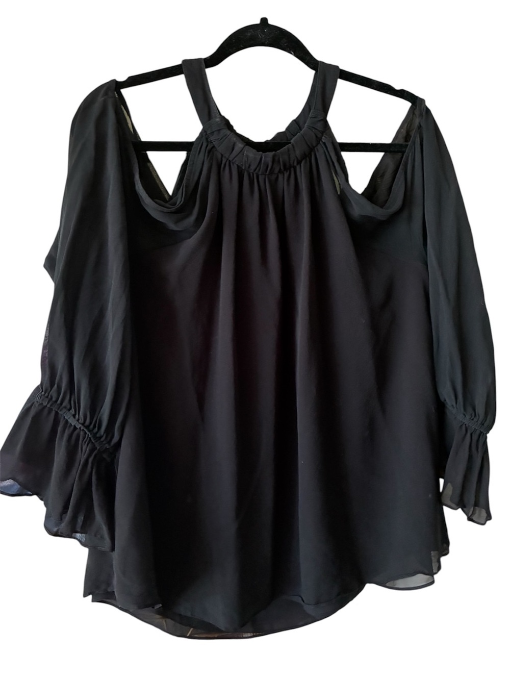 BCBGMaxAzria 100% Silk Fatima Black Cold-Shoulder Sheer Sleeve Halter Large - Picture 4 of 5